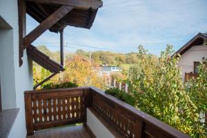 a balcony with a wooden railing and plants at Craii Neamtului in Almaş