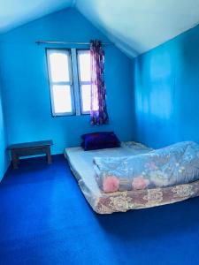 a blue room with a bed and a window at Karfok Khalanga community homestay in Ilām