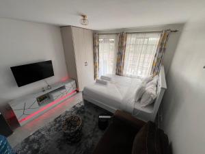 une chambre avec un lit et une télévision à écran plat dans l'établissement Anakwa Villas, à Nairobi