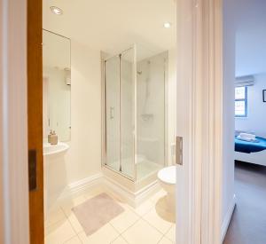 a bathroom with a shower and a toilet at Central 2BR flat - free parking - fast Wi-Fi in Bristol +15 photos