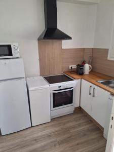 eine Küche mit Herd und weißem Kühlschrank in der Unterkunft Appartement Argeles sur Mer F3 45m wifi in Argelès-sur-Mer