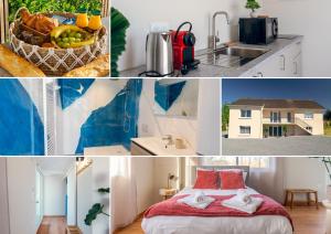 a collage of photos of a kitchen and a bedroom at La simplicité, climatisé avec entrée autonome in La Ferté-Gaucher