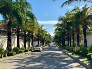 a palm tree lined street with a white car driving down it at 3BR Pool Villa Beach Access Patumnak Hill in Pattaya South