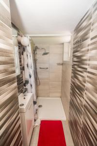 een kleine badkamer met een douche en een rood tapijt bij Kuća za odmor Mažuran in Karlovac