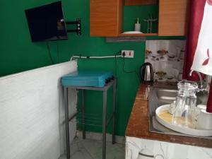 a kitchen with a sink and a green wall at RosaBlu Hotel Kutus in Gakuo