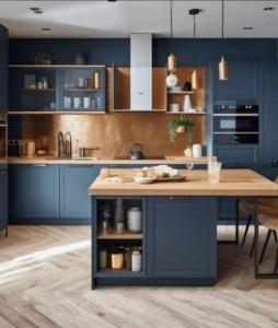 a kitchen with blue cabinets and a wooden table at PinotageLuxuryCollection 14 Bastmolen in Stellenbosch