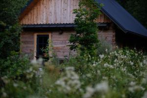 a small wooden cabin with a window and flowers at Kukučio ausy in Trasninkas