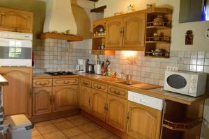 a kitchen with wooden cabinets and a microwave at Gîte à la ferme I An Ti Ar Sav Heol in Sarzeau
