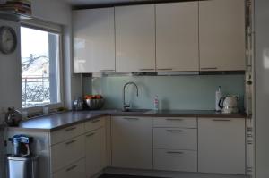 een keuken met witte kasten, een gootsteen en een raam bij Haus Speckgürtel Hamburg in Henstedt-Ulzburg