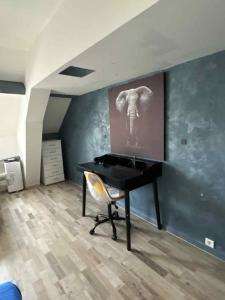 a black piano in a room with a picture of an elephant at Appartement Peronne Centre in Péronne
