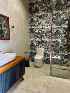 a bathroom with a toilet and a glass shower at Javakhishvilebis Marani in Akhalsopʼeli