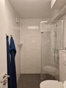a bathroom with a glass shower with a toilet at Linda's Appartement in Bochum