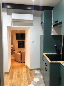 een keuken met blauwe kasten en een woonkamer bij Magnifique Suite - Fox Duke South Vieux Village in Les Angles Gard