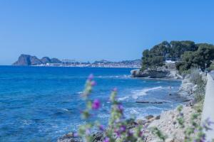 a view of a body of water with purple flowers at La Baie des Anges - Plage à Pied - Garage Privé in La Ciotat