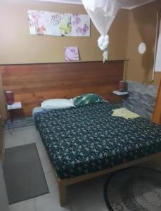 a bedroom with a bed with a green comforter at Appartement avec Terrasse à Capesterre-Belle-Eau in Petites Mamelles +48 photos