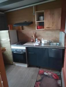 a small kitchen with a sink and a stove at Appartement avec Terrasse à Capesterre-Belle-Eau in Petites Mamelles