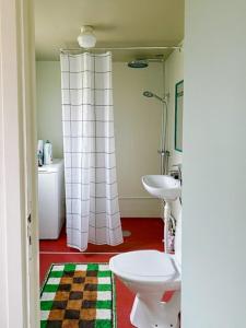 a bathroom with two toilets and a shower and a sink at Classic Swedish Wooden House Near Sea And Forest in Svängsta