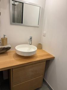 ein Badezimmer mit einem weißen Waschbecken und einem Spiegel in der Unterkunft Chalet La Landonne chaleureux pour 2 in La Combe + 2 Fotos