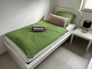 a bed with a green blanket and pillows on it at Ferienwohnung Eyb in Ansbach