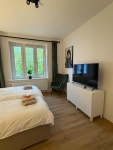 ein Schlafzimmer mit Bett und Flachbildfernseher in der Unterkunft Urban Home in Hannover