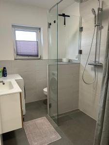 a bathroom with a shower and a sink and a toilet at Ferienwohnung Eyb in Ansbach