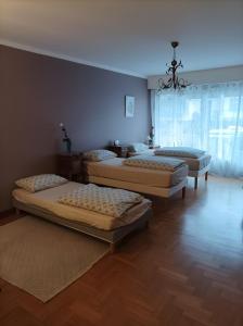 three beds in a room with a blue ceiling at Appartement Détente in Chamole +2 photos