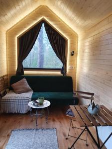 GrillbyにあるVerkestaberg by Tiny Awayの緑のソファとテーブルのあるリビングルーム