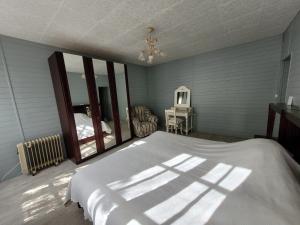 Un dormitorio con una gran cama blanca y un espejo. en Gite chez Matos 3 chambres, en Cellettes