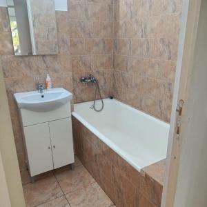 ein Badezimmer mit Badewanne und Waschbecken in der Unterkunft Hunedoara Central Stay in Hunedoara
