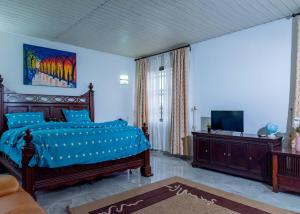 een slaapkamer met een bed en een televisie. bij The Victory Residence in Accra