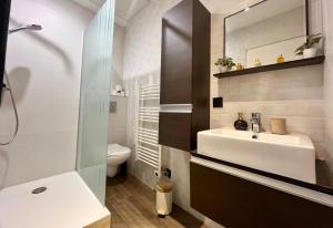 a bathroom with a sink and a toilet and a mirror at Le Spacieux gare d'Oullins - 2 chambres - 3 lits - Parking privé in Pierre-Bénite +28 photos