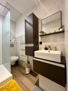 a bathroom with a sink and a toilet and a mirror at Le Spacieux gare d'Oullins - 2 chambres - 3 lits - Parking privé in Pierre-Bénite