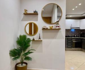a kitchen with two mirrors and a potted plant at Comfort & Style Apartment in Kenitra +8 photos