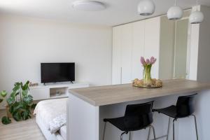 a kitchen with a counter with chairs and a tv at Harmony in Jelgava