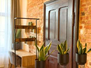 Una habitación con plantas en macetas frente a una puerta. en Zapisane w Cegle 2 by LibertaRent, en Świdnica 5 fotos más