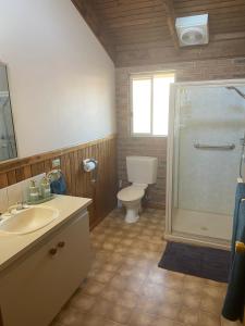 a bathroom with a toilet and a sink and a shower at Yarrawonga Holiday Unit in Yarrawonga +4 photos