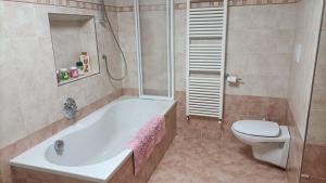 une salle de bain avec une baignoire, des toilettes et une douche dans l'établissement Il nido, à Ziano di Fiemme