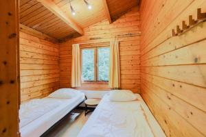 two beds in a wooden room with a window at Lekker knus in de Huismus in Diffelen +5 photos