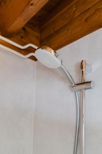 a shower head in a bathroom with a wooden ceiling at Lekker knus in de Huismus in Diffelen