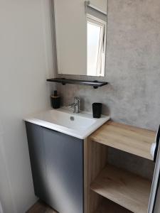 a bathroom with a sink and a mirror at Superbe mobil-home à Seignosse plage in Seignosse