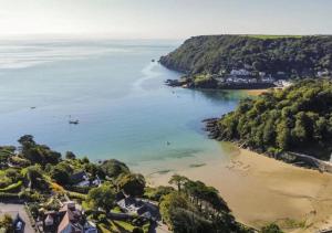 eine Luftaufnahme eines Strandes mit Häusern und Bäumen in der Unterkunft Modern Coastal Retreat in Salcombe, Sleeps 6, Pet Friendly, 2 Car Spaces, Walk to Beaches and Town in Salcombe