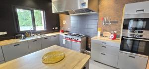 a kitchen with stainless steel appliances and a wooden table at Chez Emilien 3 chambres 3 salles d'eau 8 couchages in Arcizac-Adour +17 photos
