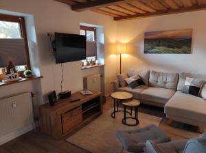 un salon avec un canapé et une télévision dans l'établissement "BayernWald 201" Ferienwohnung mit Pool und Sauna, à Hauzenberg