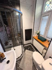 a bathroom with a shower and a toilet and a sink at Zakątek Centrum 3 in Suwałki