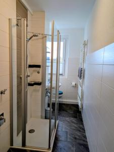 a bathroom with a shower and a sink at Ferienwohnung August 29 in Gelenau