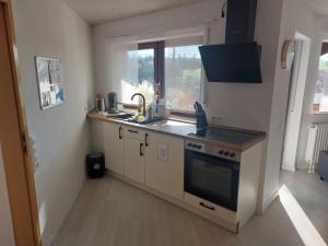 Una pequeña cocina con fregadero y estufa. en Ferienwohnung Familie Aestel, en Altensteig