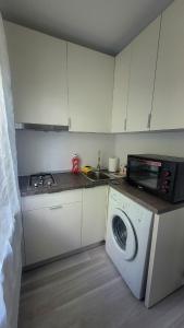 a kitchen with a washing machine and a microwave at Modern Studio Craiova in Craiova +28 photos