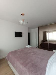 a bedroom with a large bed with a pink blanket at Zen aeroport confort in Sînnicoară +17 photos