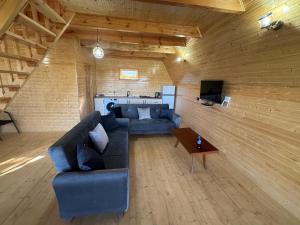 a living room with a blue couch and a table at Dzaria cottage in Martvili
