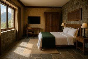 a bedroom with a bed and a desk and a television at Serokan The Anami in Cai Be